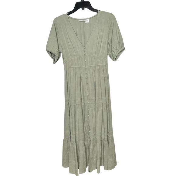 Lucky Brand Sage Green Cotton Gauze Tiered Midi Button Down Boho Dress Size XS - Picture 1 of 14